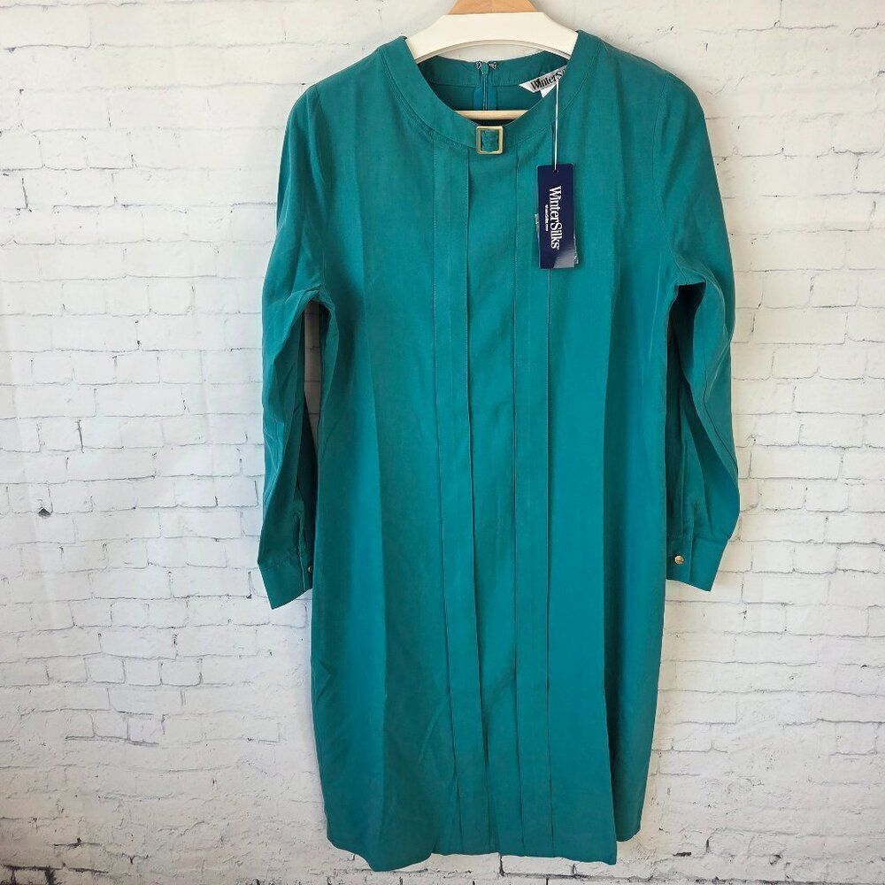 WinterSilks 100% Silk Dress Size S Green Holiday Long Sleeve Sheath NEW